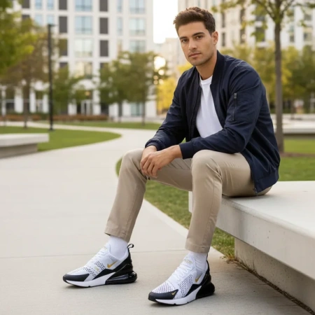 Nike Air Max 270 Ткань Амортизация Баланс Низкий Верх Беговые кроссовки Мужские Черный Белый Золото